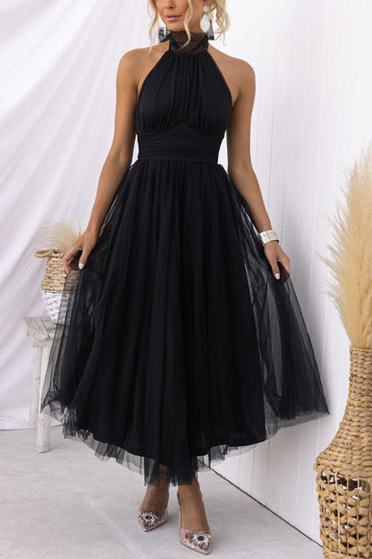 Elegantes Damen Tüllkleid Halterneck Mittellang A-Linie Weiß