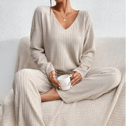 Damen Gestreifter Pullover Set V-Ausschnitt