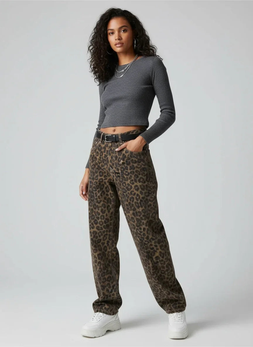 Leondra Damen High-Waist Leopard-Jeans Relaxed Straight Fit - Norvielle