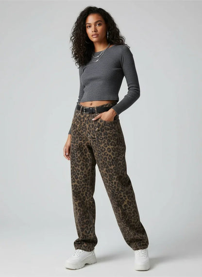 Leondra Damen High-Waist Leopard-Jeans Relaxed Straight Fit - Norvielle