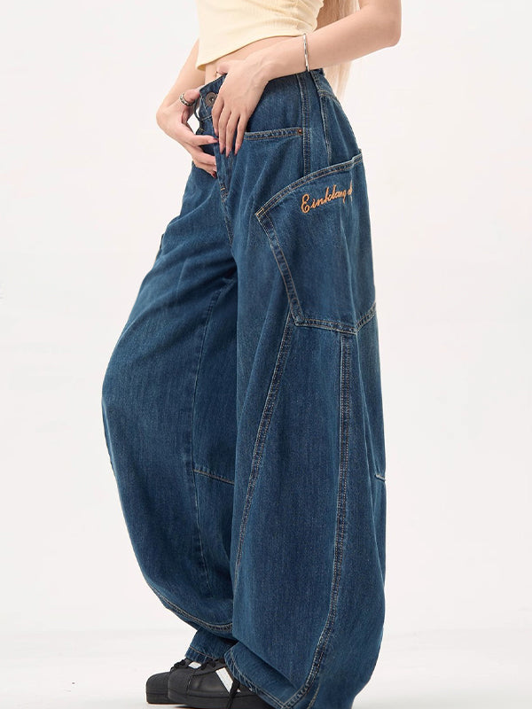 Blaue Boyfriend Jeans Große Taschen Weiter Krummschnitt - Norvielle