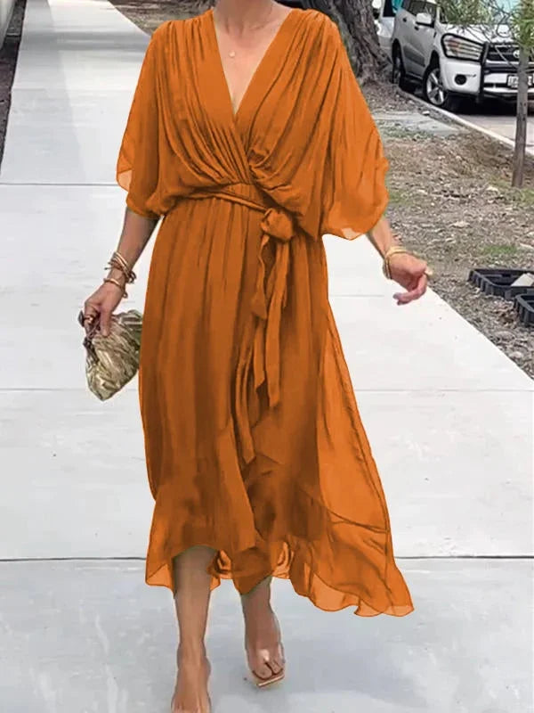 Loisa Damen Chiffon-Kleid V-Ausschnitt Elegant