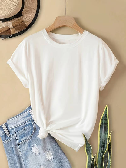 Norvielle Damen Rundhals T-Shirt Einfach Weiß
