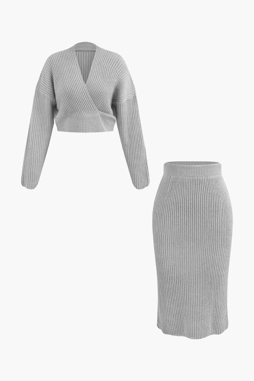 Damen Strick-Set Wickel-Oberteil Bleistiftrock Elegantes