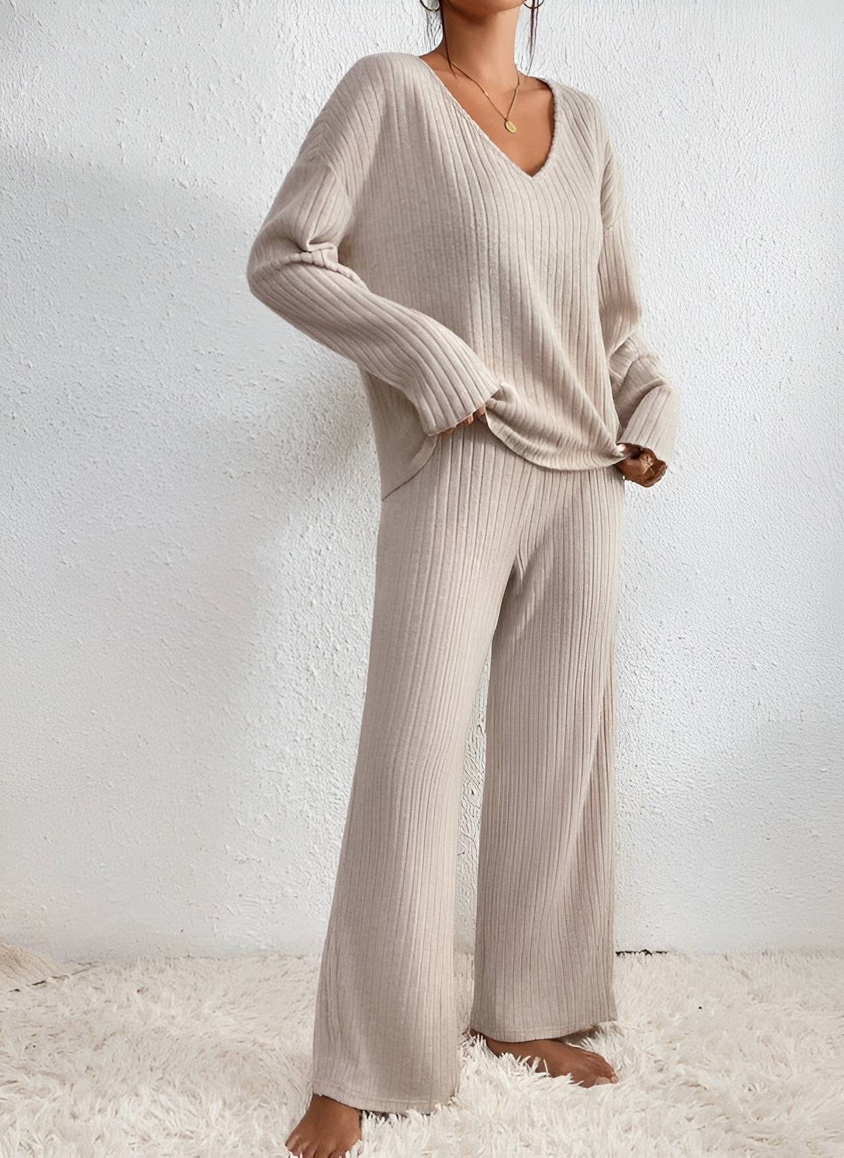 Damen Gestreifter Pullover Set V-Ausschnitt