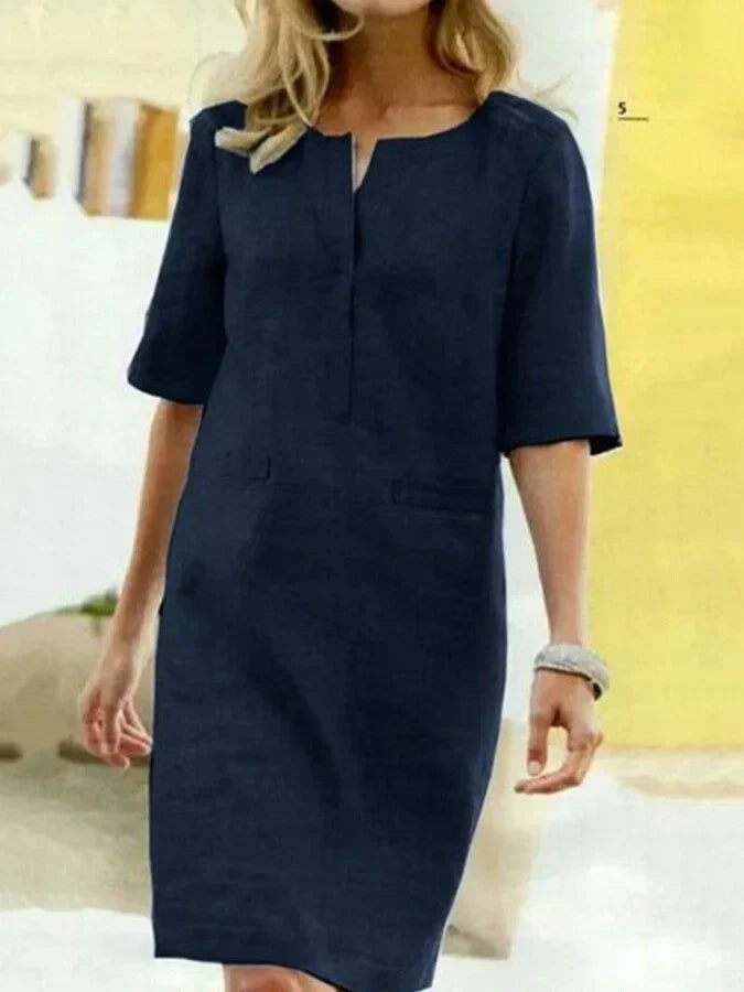Norvielle Damen Sommerkleid Kurzarm Baumwolle Leinen