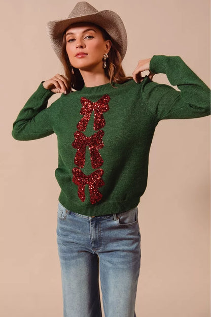 Weihnachtspullover Damen Grün Glitzernd Mit Schleife - Norvielle