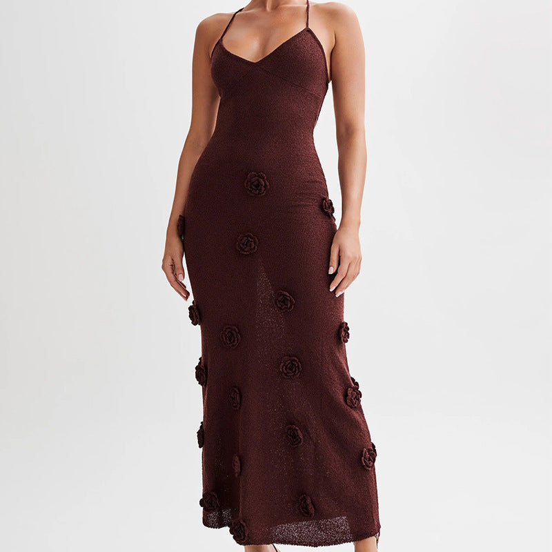 Damen Maxikleid Spaghettiträger 3D Blumenapplikation