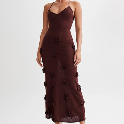 Damen Maxikleid Spaghettiträger 3D Blumenapplikation