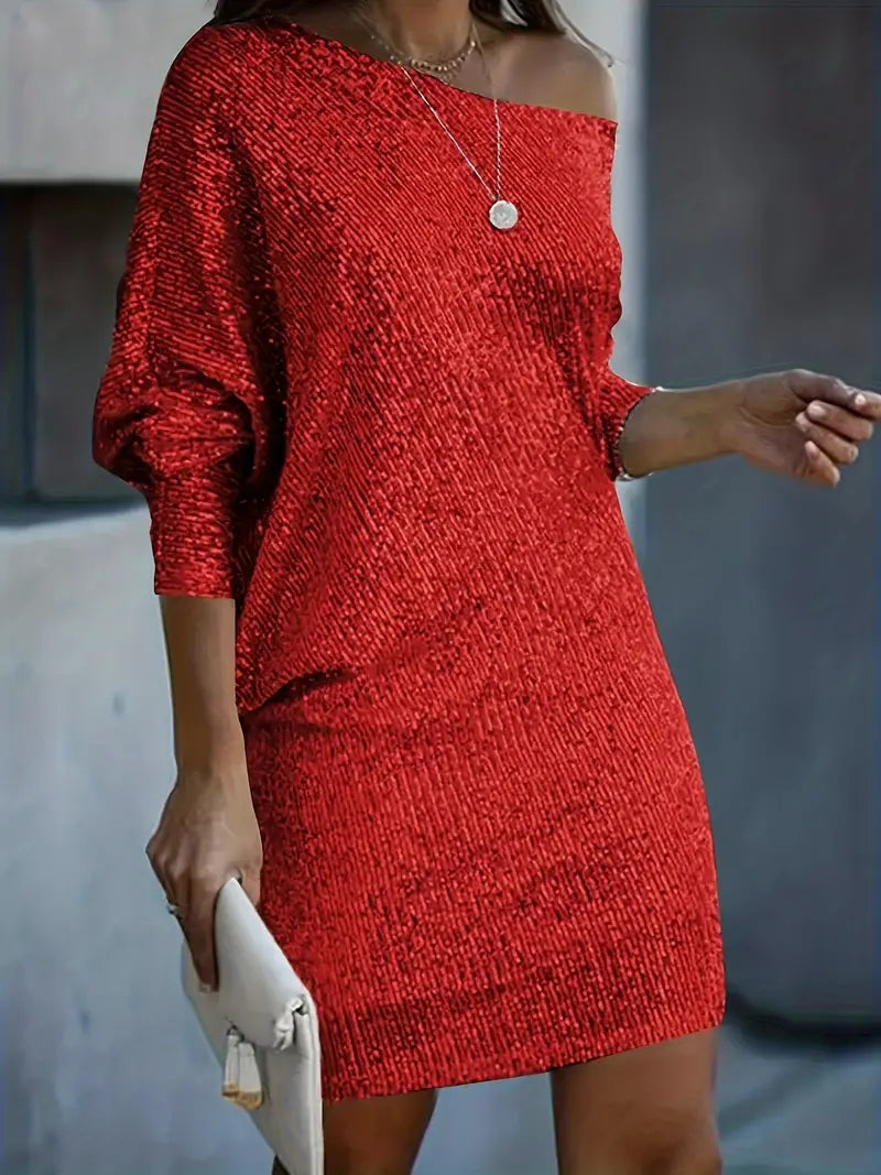 Damen Paillettenkleid Schulterfrei Glänzend Minikleid