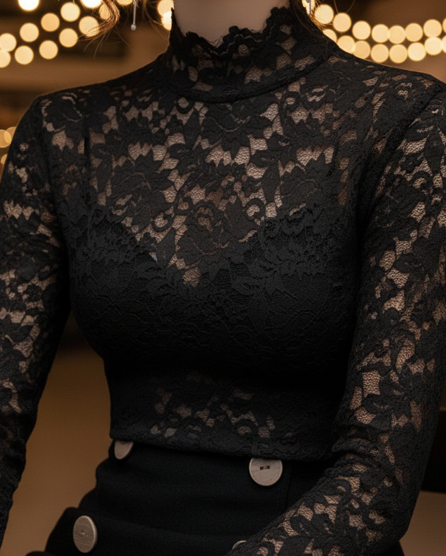Damen Spitzenbluse Stehkragen Weiß