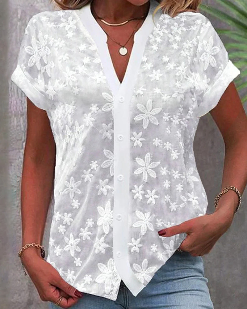 Norvielle Damen Blumenbluse Kurzärmelig V-Ausschnitt