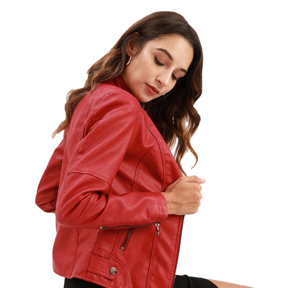 Claudia Damen Bikerjacke Stehkragen Leder