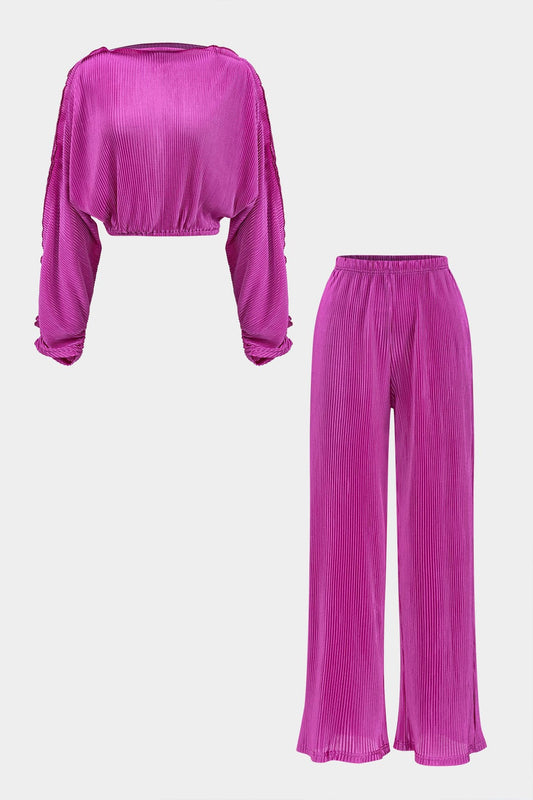 Elegantes Damen Plissee-Zweiteiler-Set Crop- Weithose - Norvielle