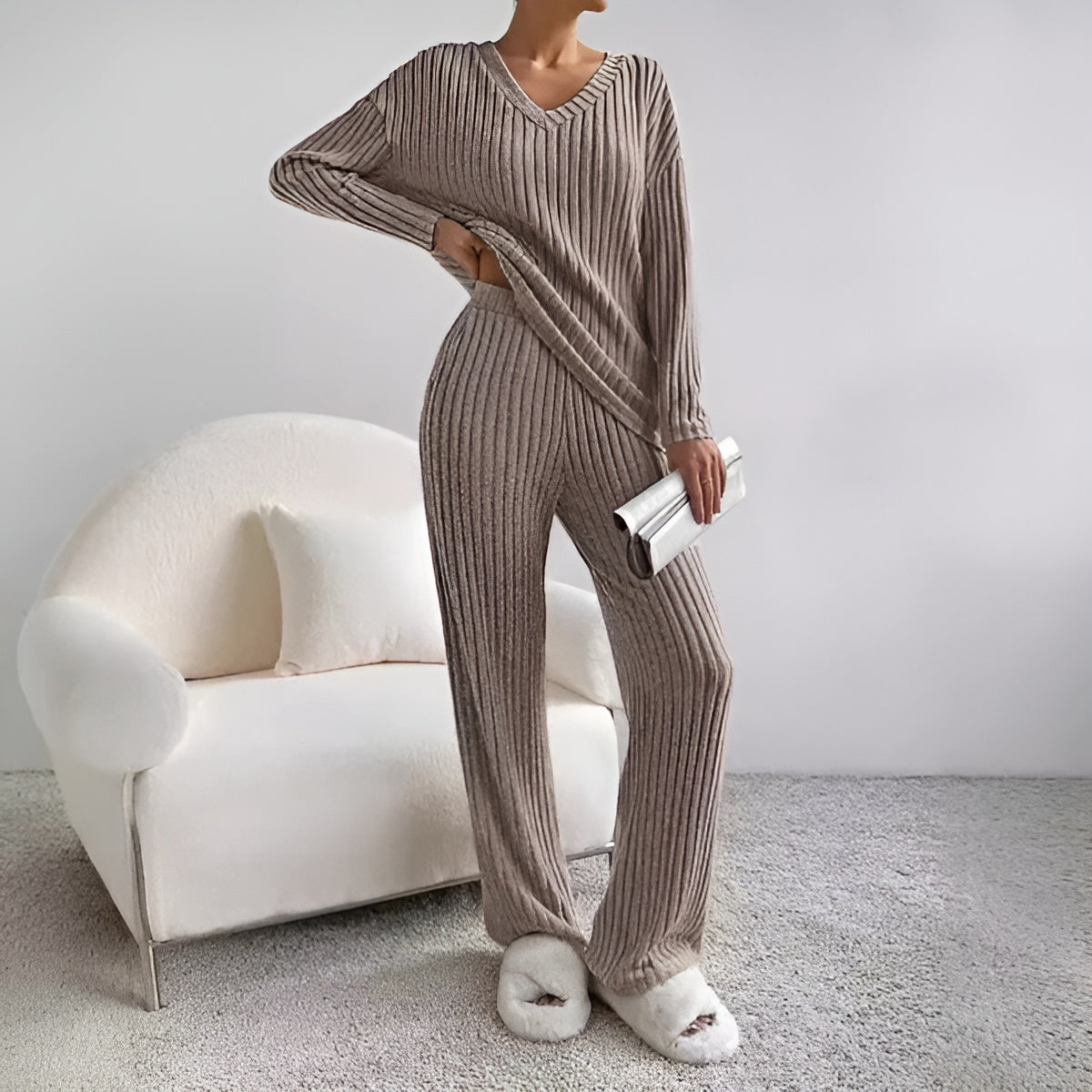 Damen Gestreifter Pullover Set V-Ausschnitt