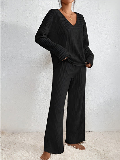 Damen Gestreifter Pullover Set V-Ausschnitt