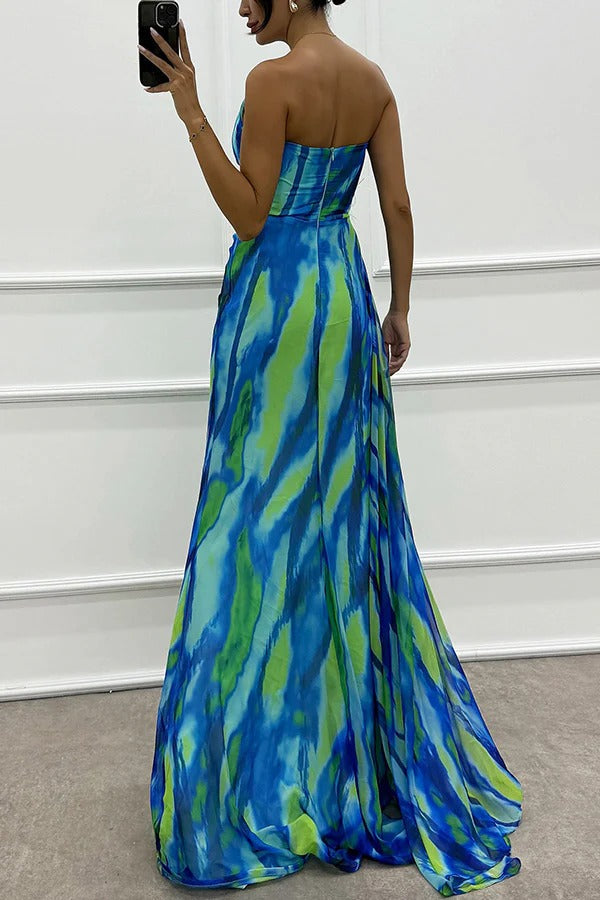 Damen Abendkleid Schulterfrei Maxilänge Hochschlitz