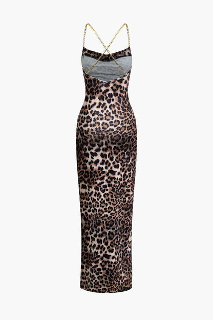 Damen Maxikleid Leopardmuster Beinschlitz