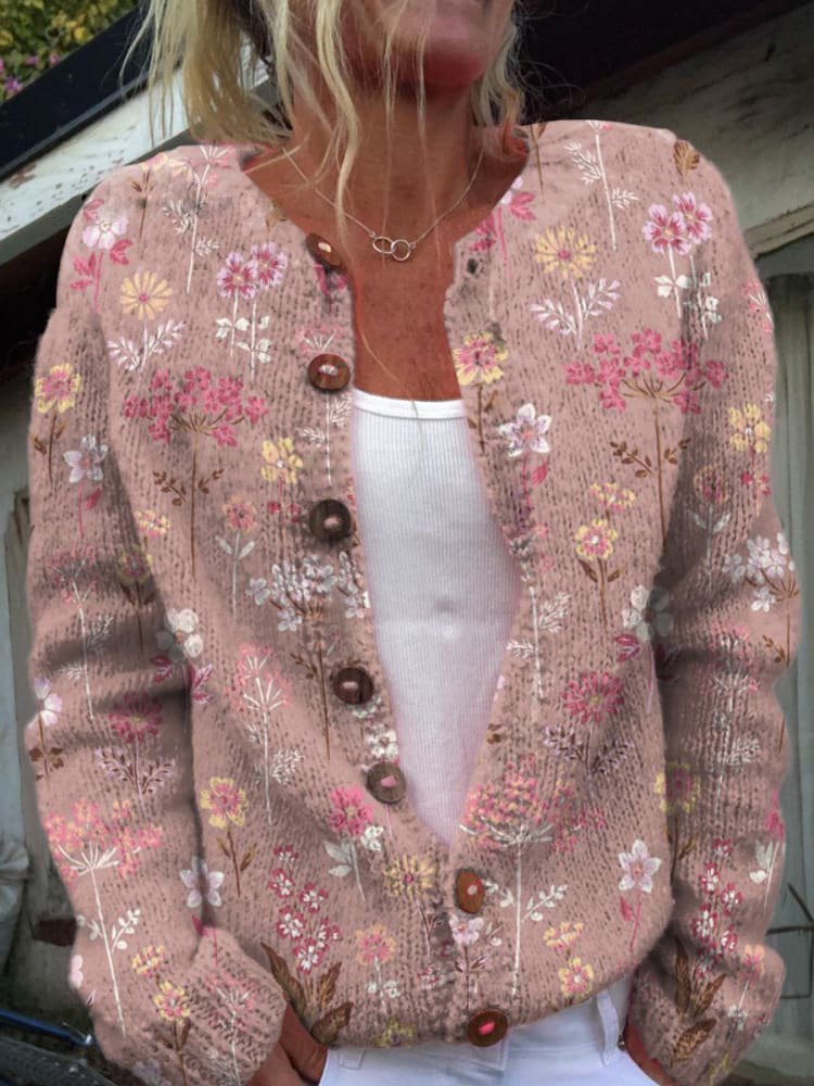 Damen Strickjacke Blumenstickerei Knopfleiste