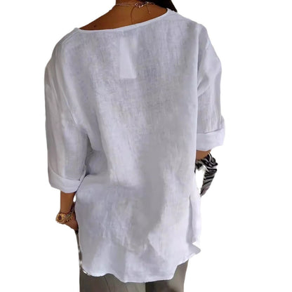 Damen T-Shirt V-Ausschnitt Baumwolle Lockeres Weiß