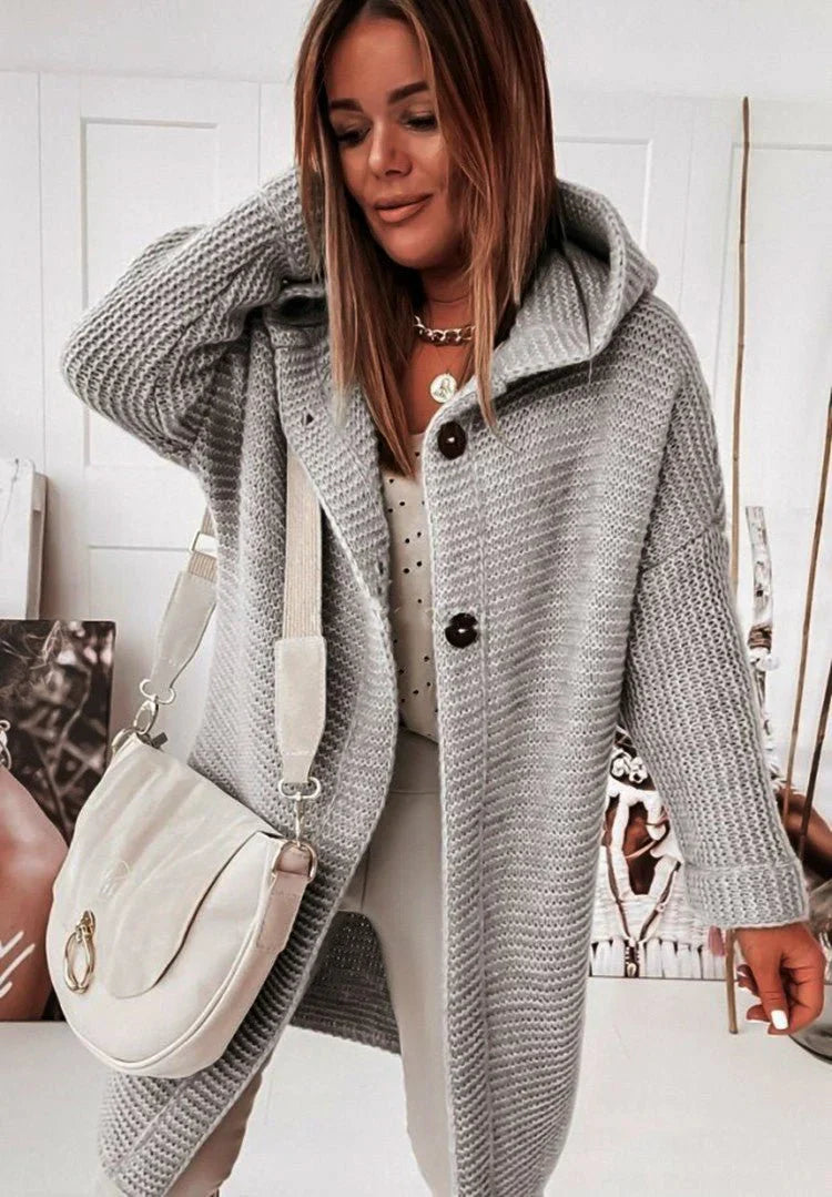 Damen Strickjacke mit Kapuze und Knöpfen Lang