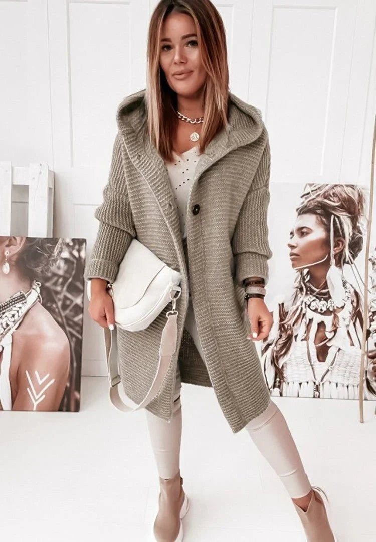 Damen Strickjacke mit Kapuze und Knöpfen Lang