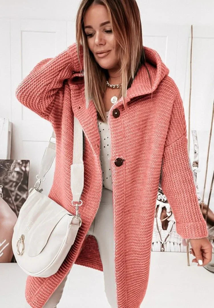 Damen Strickjacke mit Kapuze und Knöpfen Lang