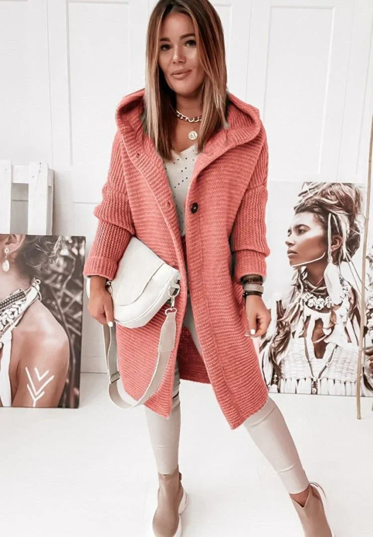 Damen Strickjacke mit Kapuze und Knöpfen Lang