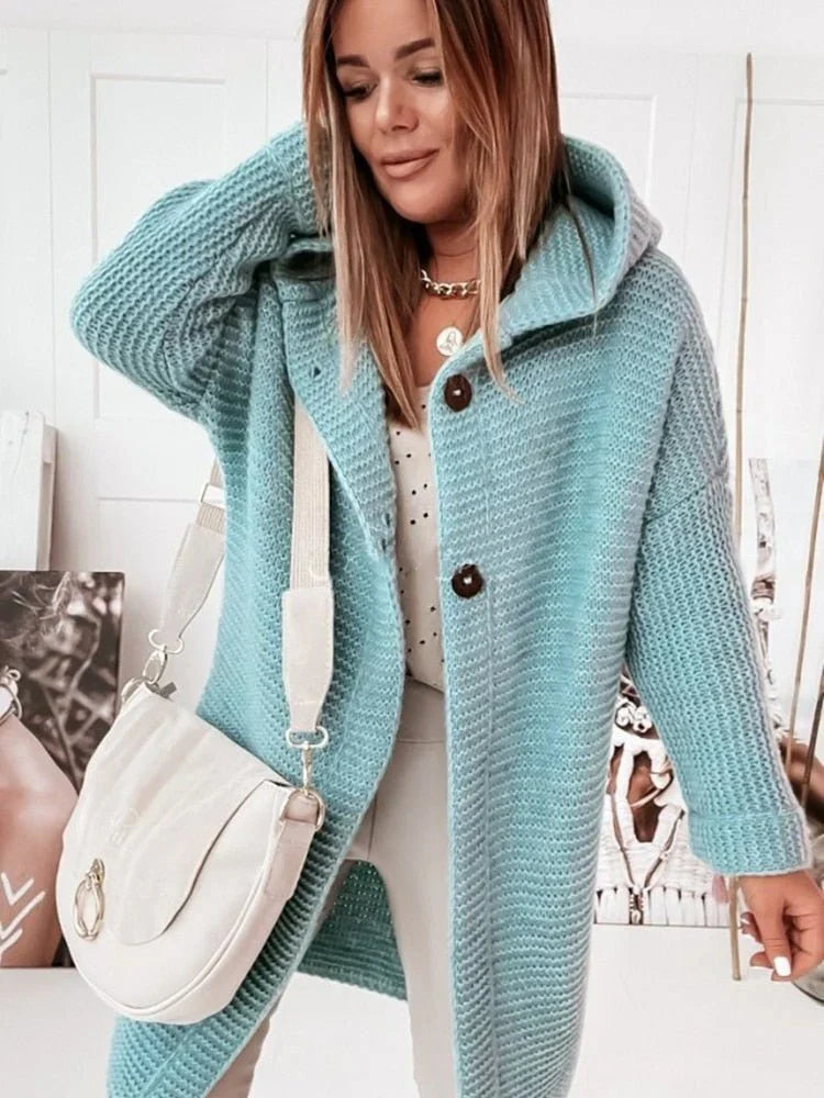 Damen Strickjacke mit Kapuze und Knöpfen Lang