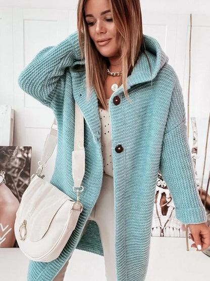 Damen Strickjacke mit Kapuze und Knöpfen Lang