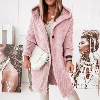 Damen Strickjacke mit Kapuze und Knöpfen Lang Schwarz - Norvielle