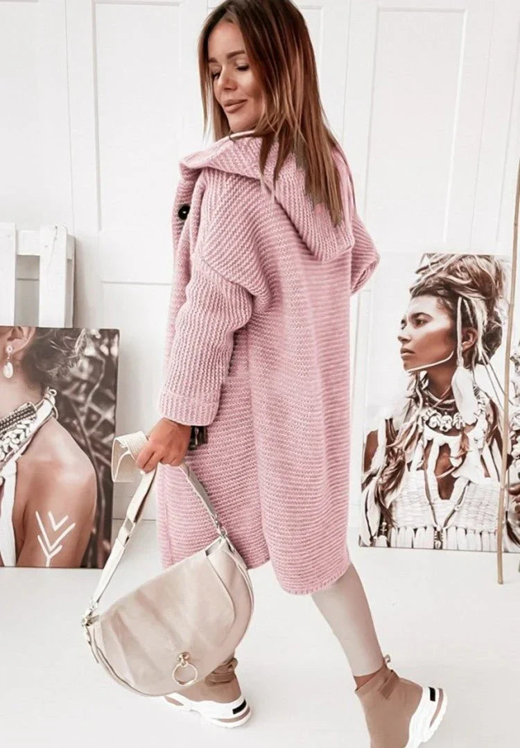 Damen Strickjacke mit Kapuze und Knöpfen Lang