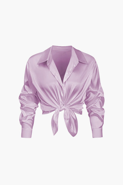 Elegante Damen Langarmbluse Seidiger Satin