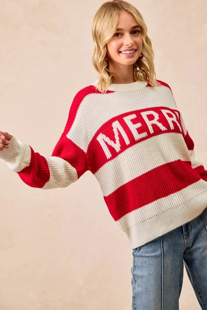 Weihnachtspullover Rot Cremefarben Gestreift Strick wird