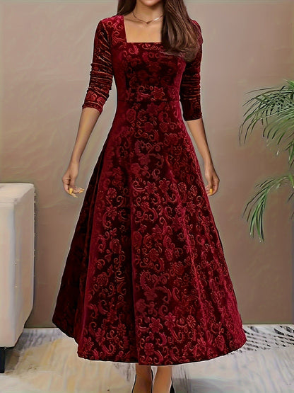 Damen Samt-Kleid Floral Muster Schwarz - Norvielle