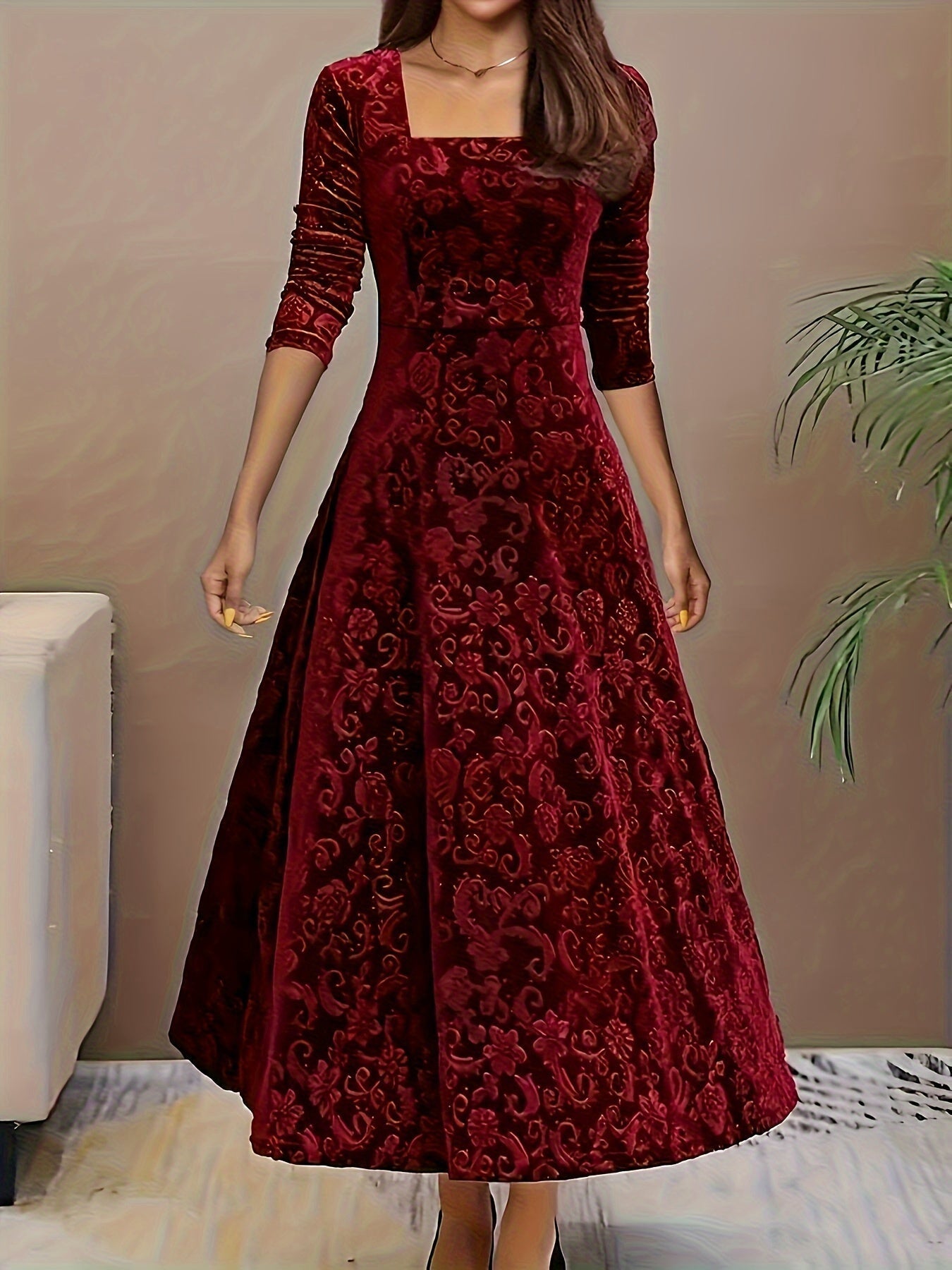 Damen Samtkleid Drei-Viertel-Arm Floral - Norvielle