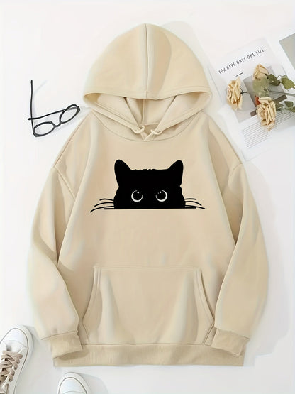 Damen Sweatshirt Hoodie Katzenprint Kapuze Grau