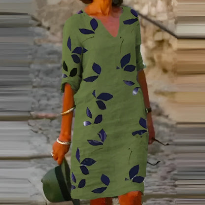 Damen Sommerkleid V-Ausschnitt Leicht Naturfarben