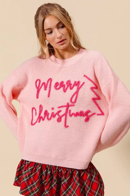 Damen Weihnachtspullover Rosa Glitzer Schriftzug