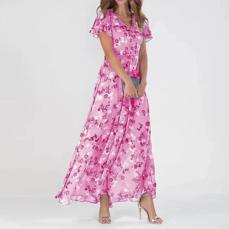 Damen Maxikleid Blumenprint Rosa Chiffon V-Ausschnitt - Norvielle