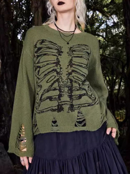 Halloween Langarm-Pullover Skelett-Design Dunkel Rissig