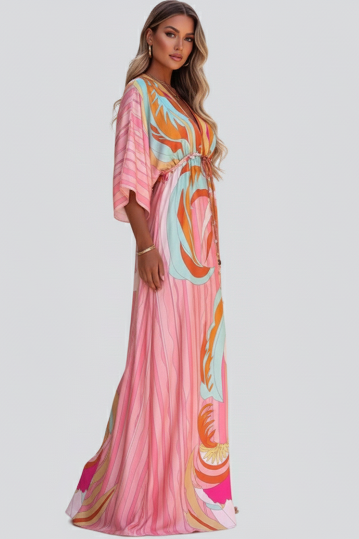 Damen Maxikleid V-Ausschnitt Gürtel