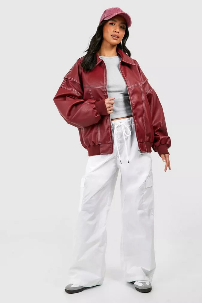 Damen Oversized Jacke Roter Reißverschluss - Norvielle