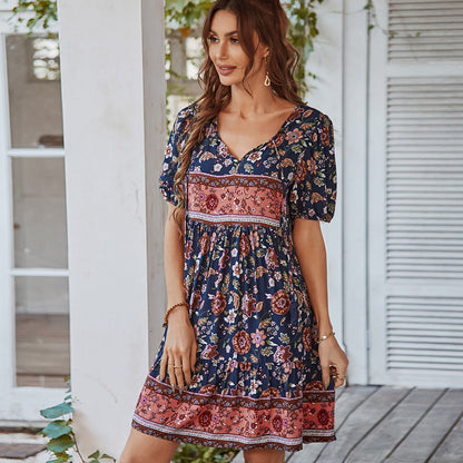 Damen Boho Sommerkleid Blumenmuster V-Ausschnitt Puffärmel Luftig