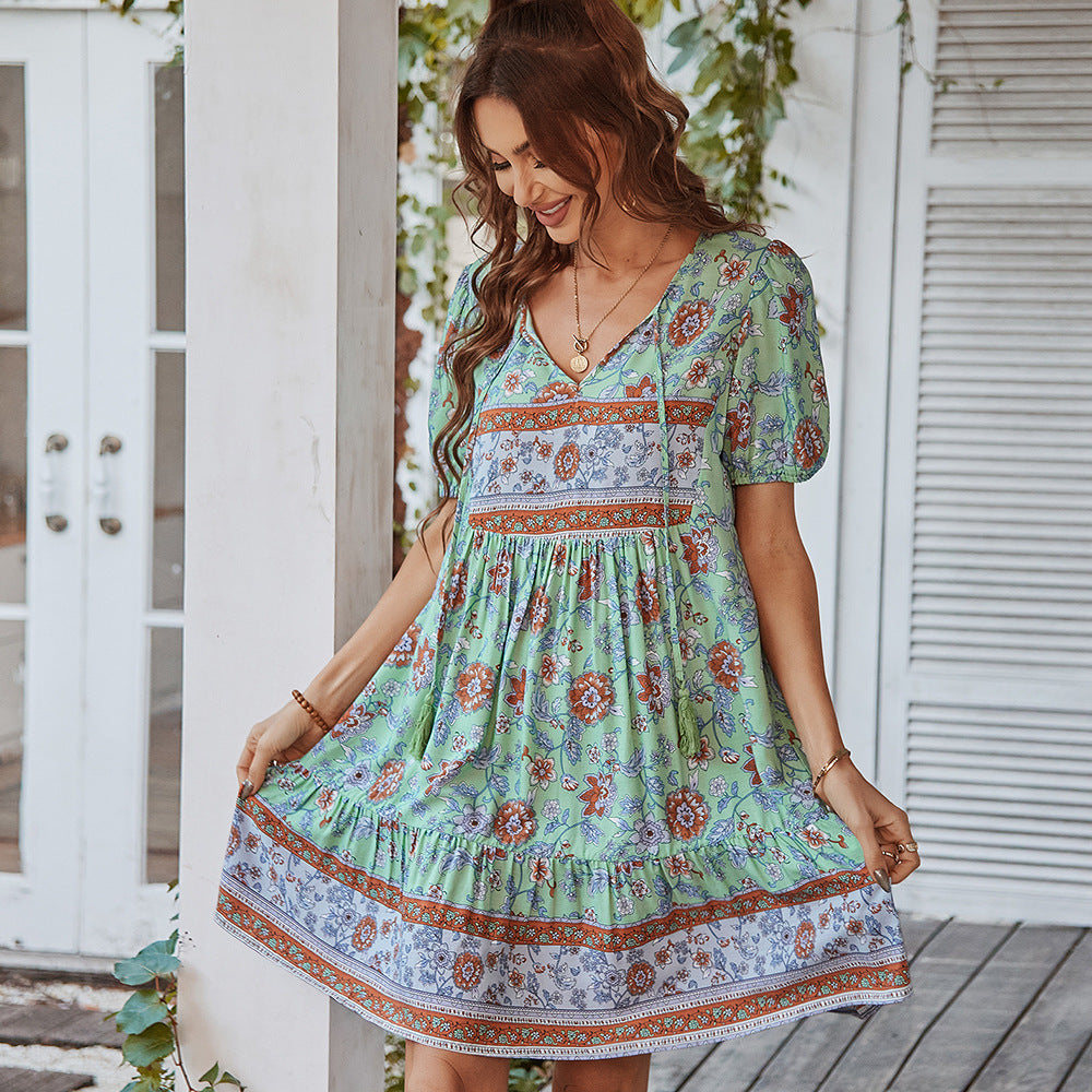 Damen Boho Sommerkleid Blumenmuster V-Ausschnitt Puffärmel Luftig