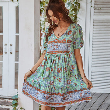 Damen Boho Sommerkleid Blumenmuster V-Ausschnitt Puffärmel Luftig