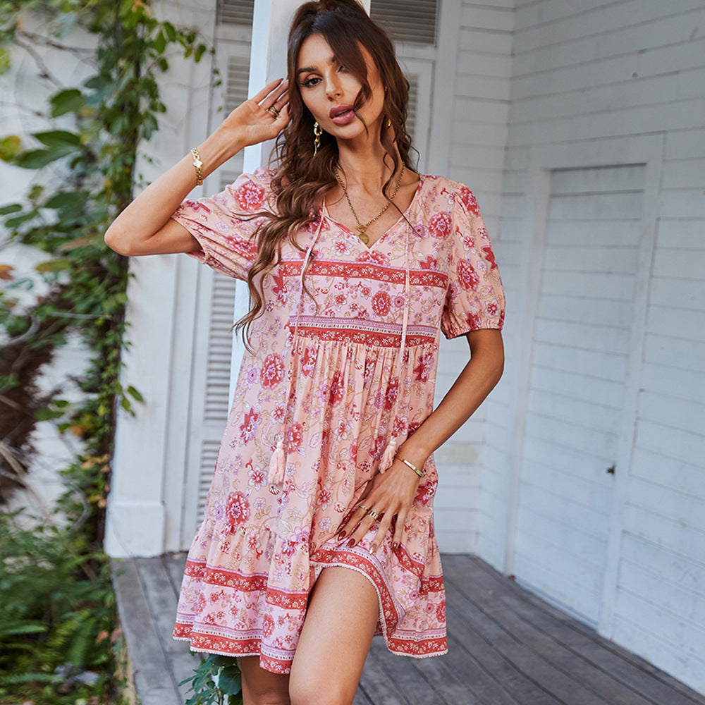 Damen Boho Sommerkleid Blumenmuster V-Ausschnitt Puffärmel Luftig - Norvielle