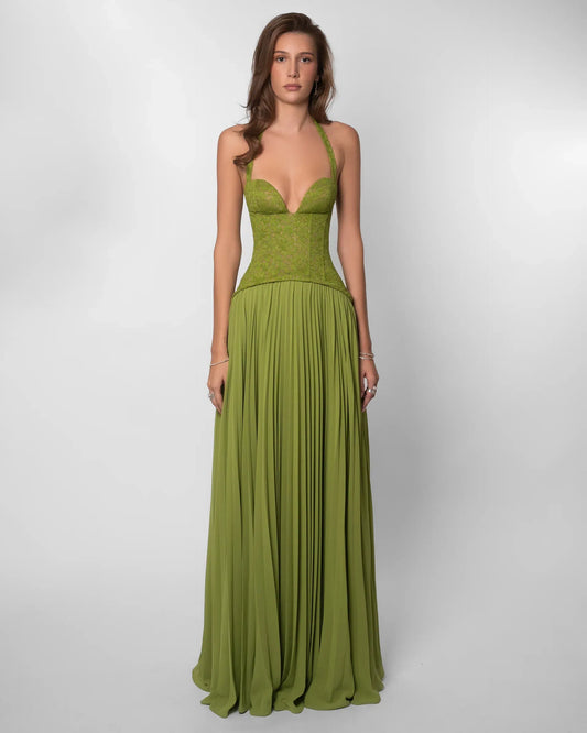 Elvaria Damen Maxikleid Grün Korsett- Plisserock - Norvielle