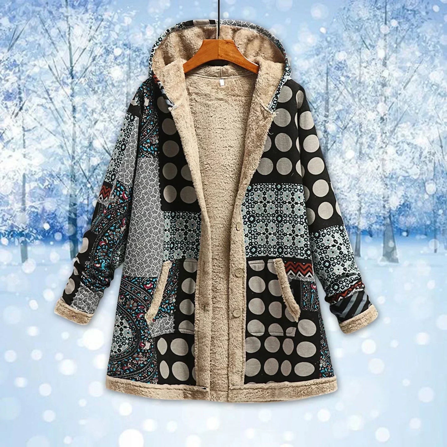 Damen Patchwork Jacke mit Kapuze Fleece-Futter Knopfverschluss