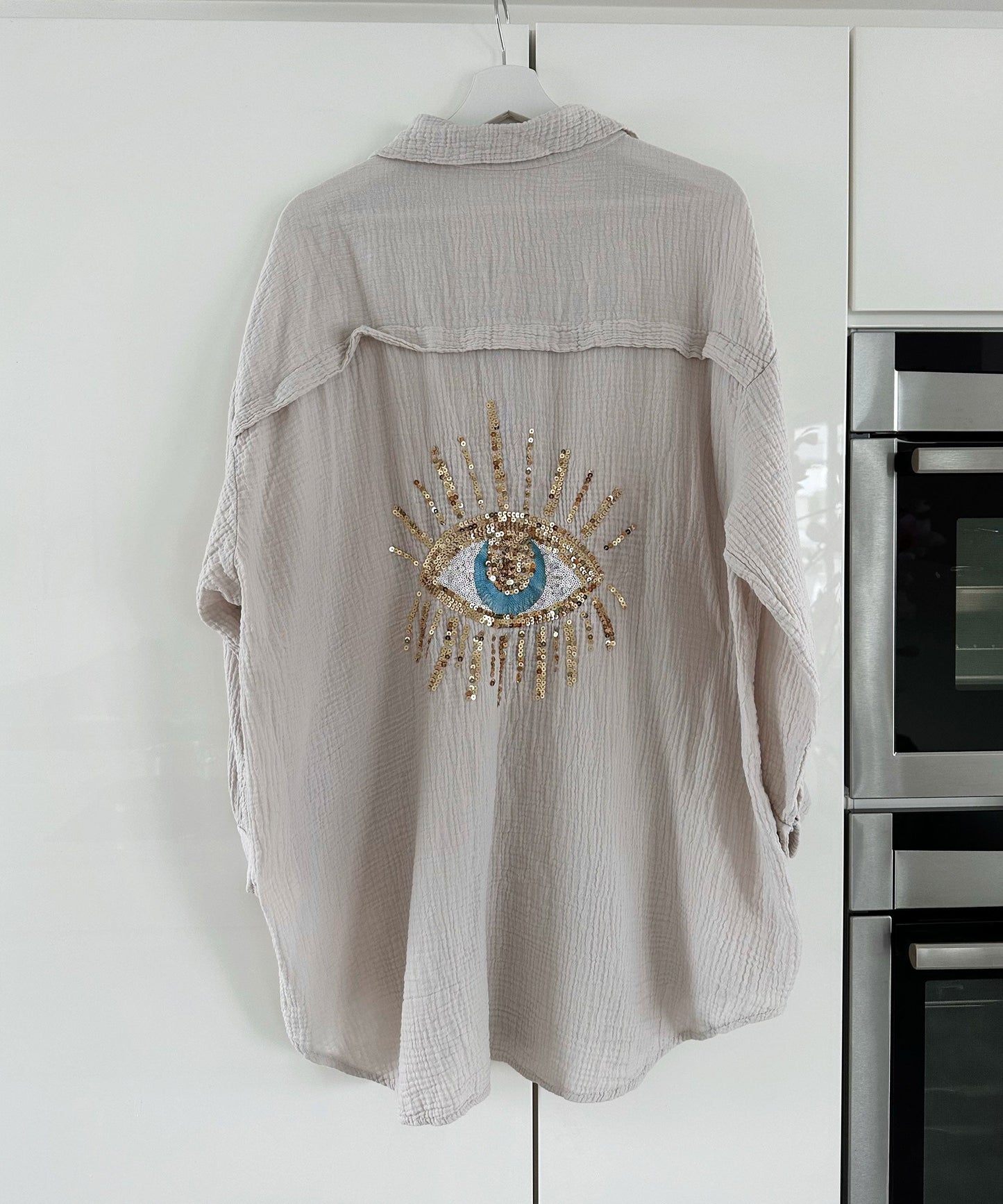 Damen Oversize Bluse aus Musselin mit Glitzerdetail Beige